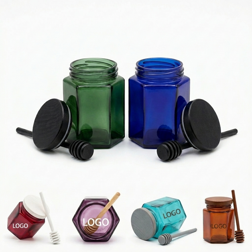 Multicolor Hexagonal Honey Jar with Wood Lid and Dipper