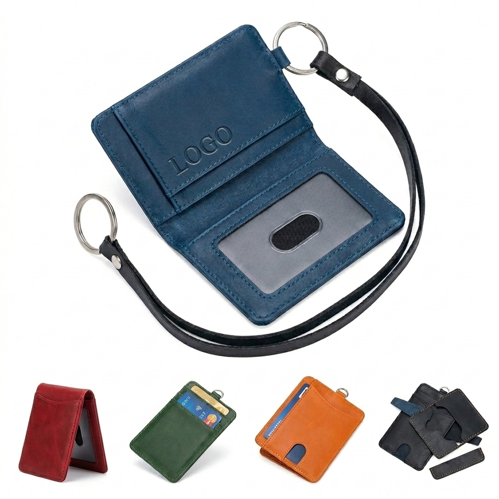 Multi-Fold Leather Card Holder with Detachable Lanyard