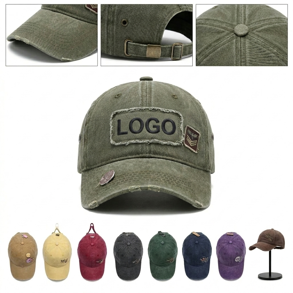 Custom Washed Cotton Baseball Caps with Embroidered Logo