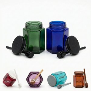 Multicolor Hexagonal Honey Jar with Wood Lid and Dipper